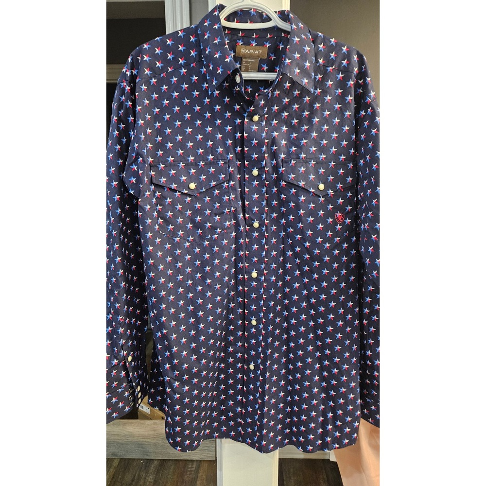 Americana Ariat Mens Classic pearl Snap Shirt Maritime Blue Texas Star Print L